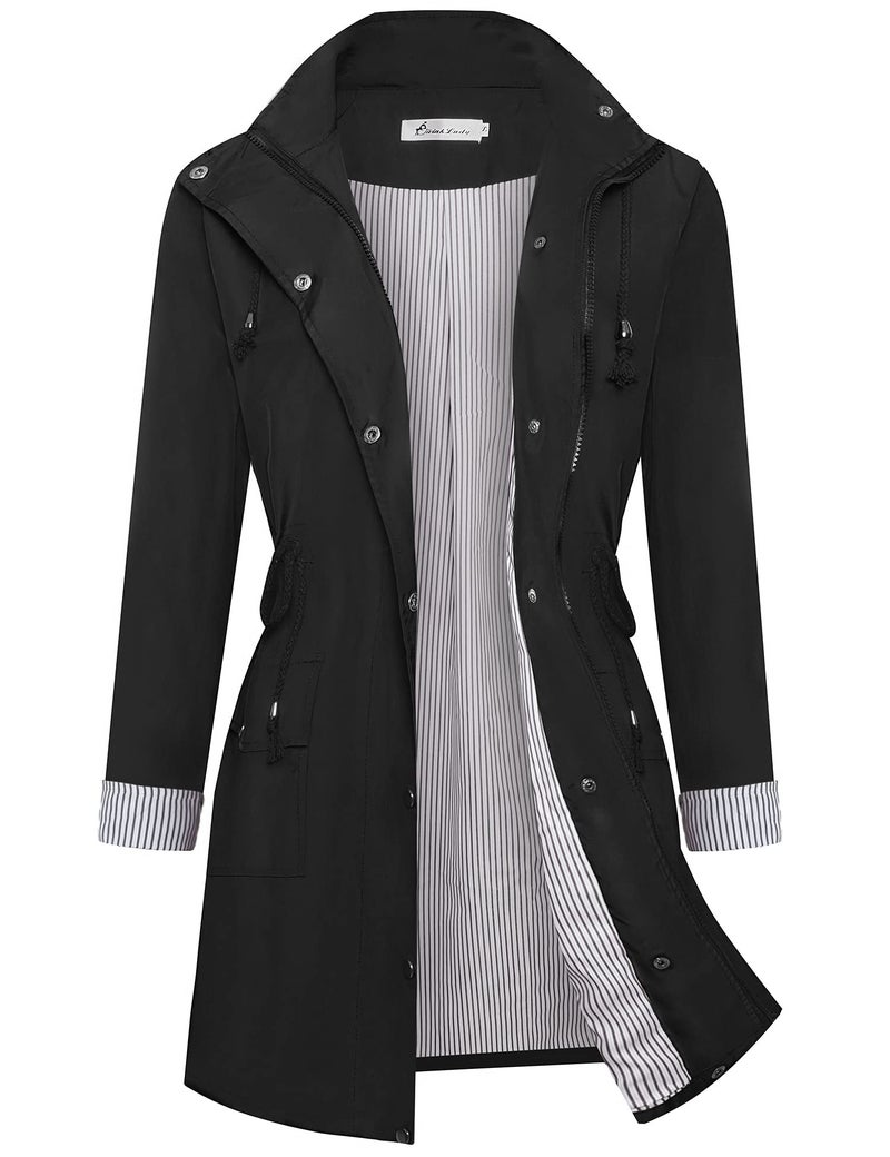 Twinklady Rain Jacket Women Windbreaker Striped Climbing Raincoats Waterproof Lightweight Outdoor Hooded Trench Coats Black L - Image 1